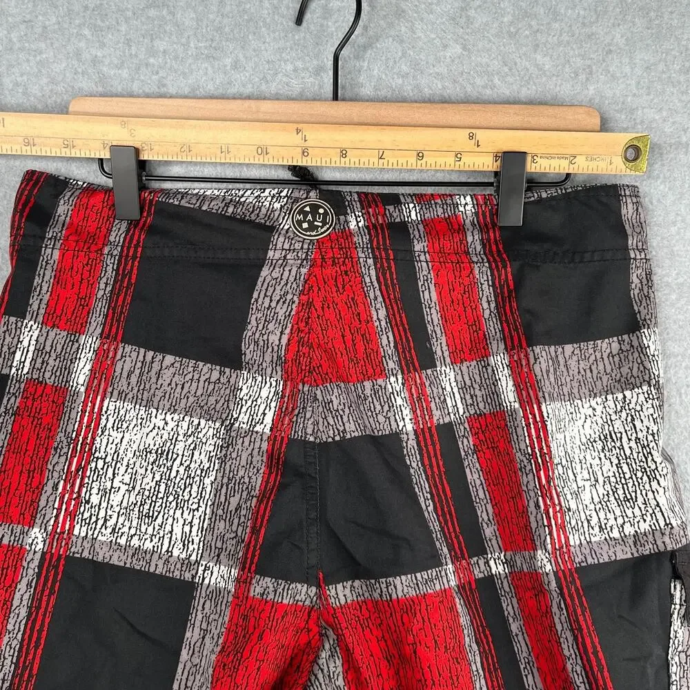 Maui & Sons Board Shorts Mens Size 32 Red Black Plaid Pocket Beach Surf